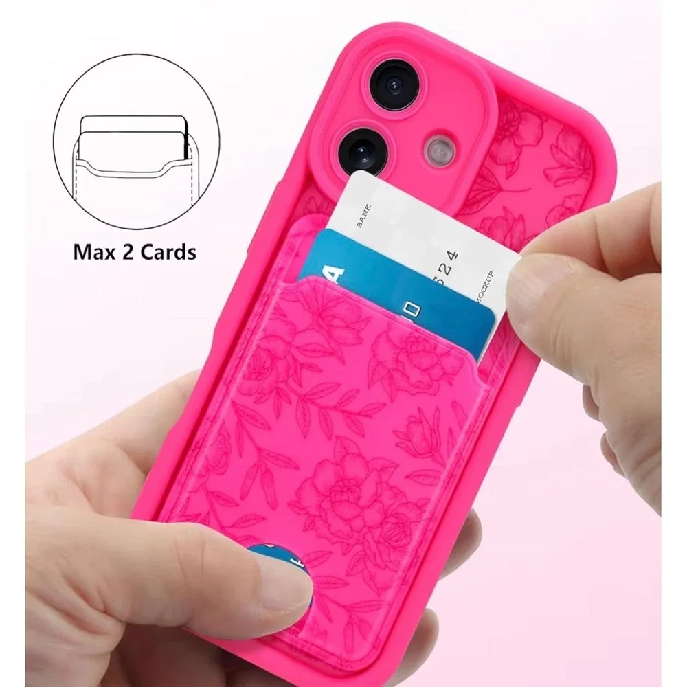 MZELQ iPhone‎ 16 Case Hot Pink Floral Embossed Wallet Card Holder TPU Cover 6.1